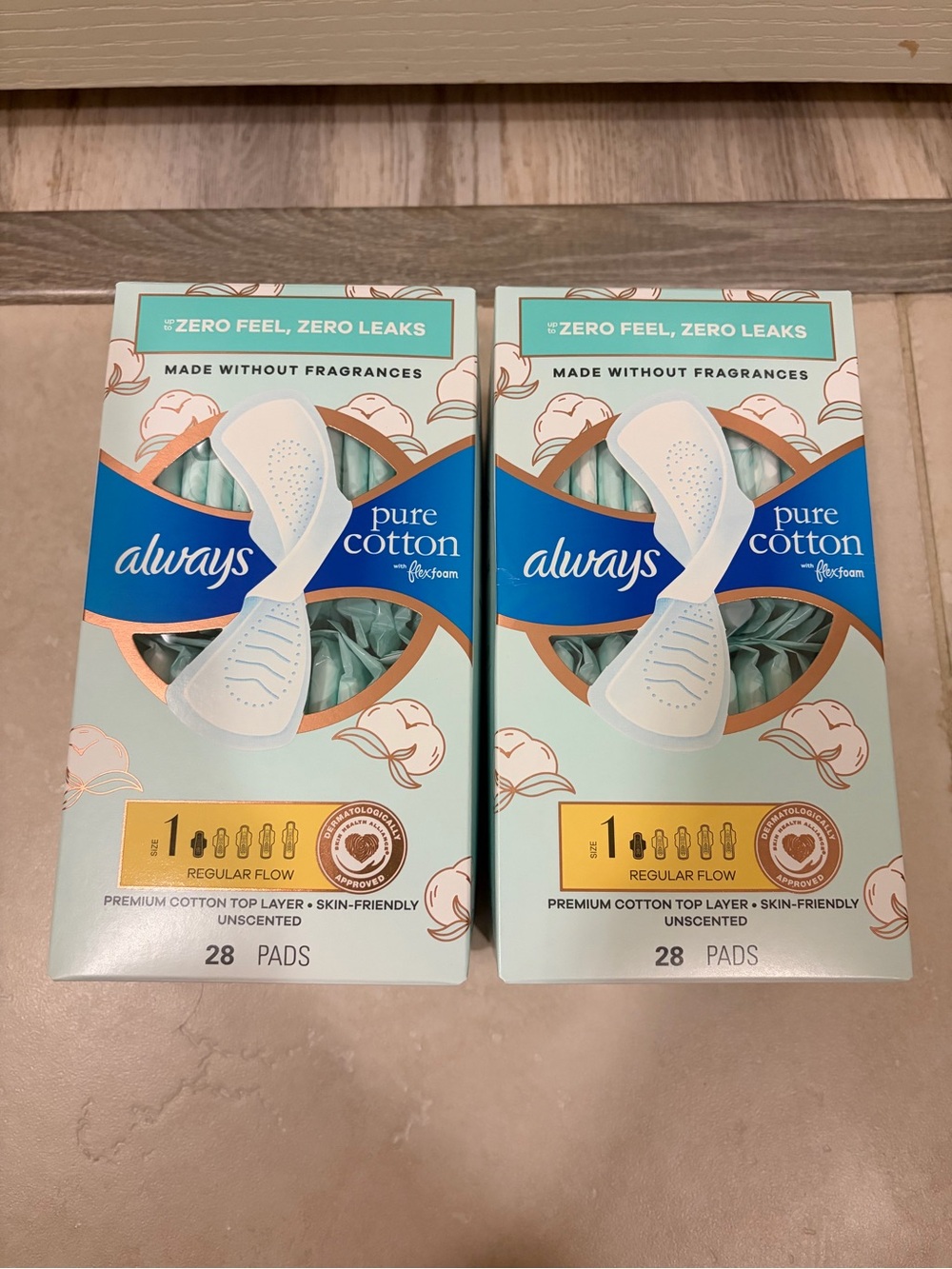 Always Pure Cotton Unscented Pads - Mint Green & White (28 ct) x 2 boxes
